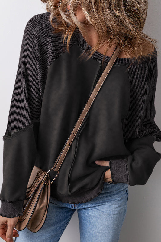 Black Solid Waffle Knit Patchwork Sweatshirt