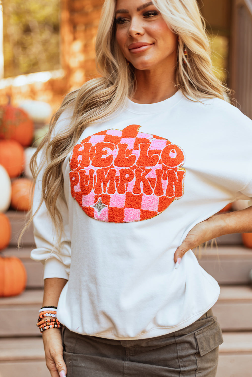White Halloween Pumpkin Patched Sweatshirt