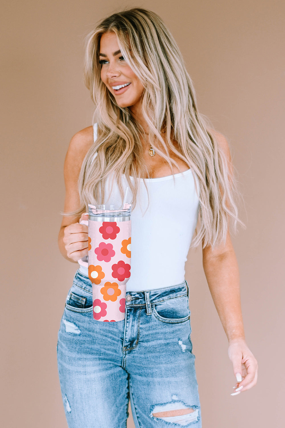 Multicolor Flower Print Handled Stainless Steel Cup 40oz