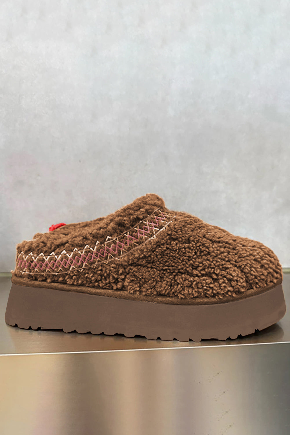 Chestnut Embroidered Sherpa Plush Thick Sole Slippers