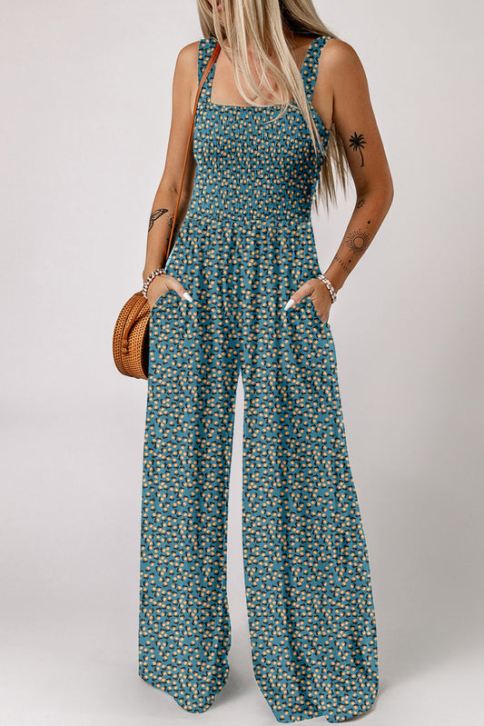 Green Floral Print High Waist Square Neck Jumpsuit