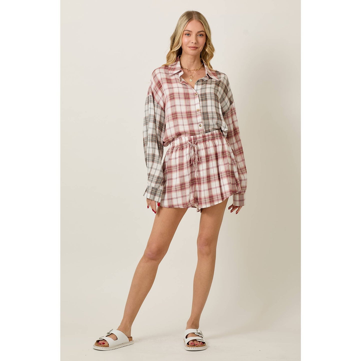 Rayon Plaid Long Sleeve Button Down And Shorts Set