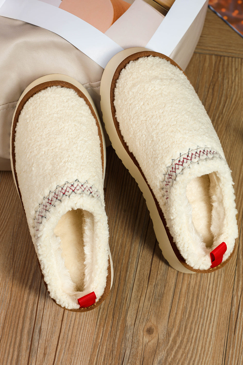 White Embroidered Sherpa Plush Thick Sole Slippers