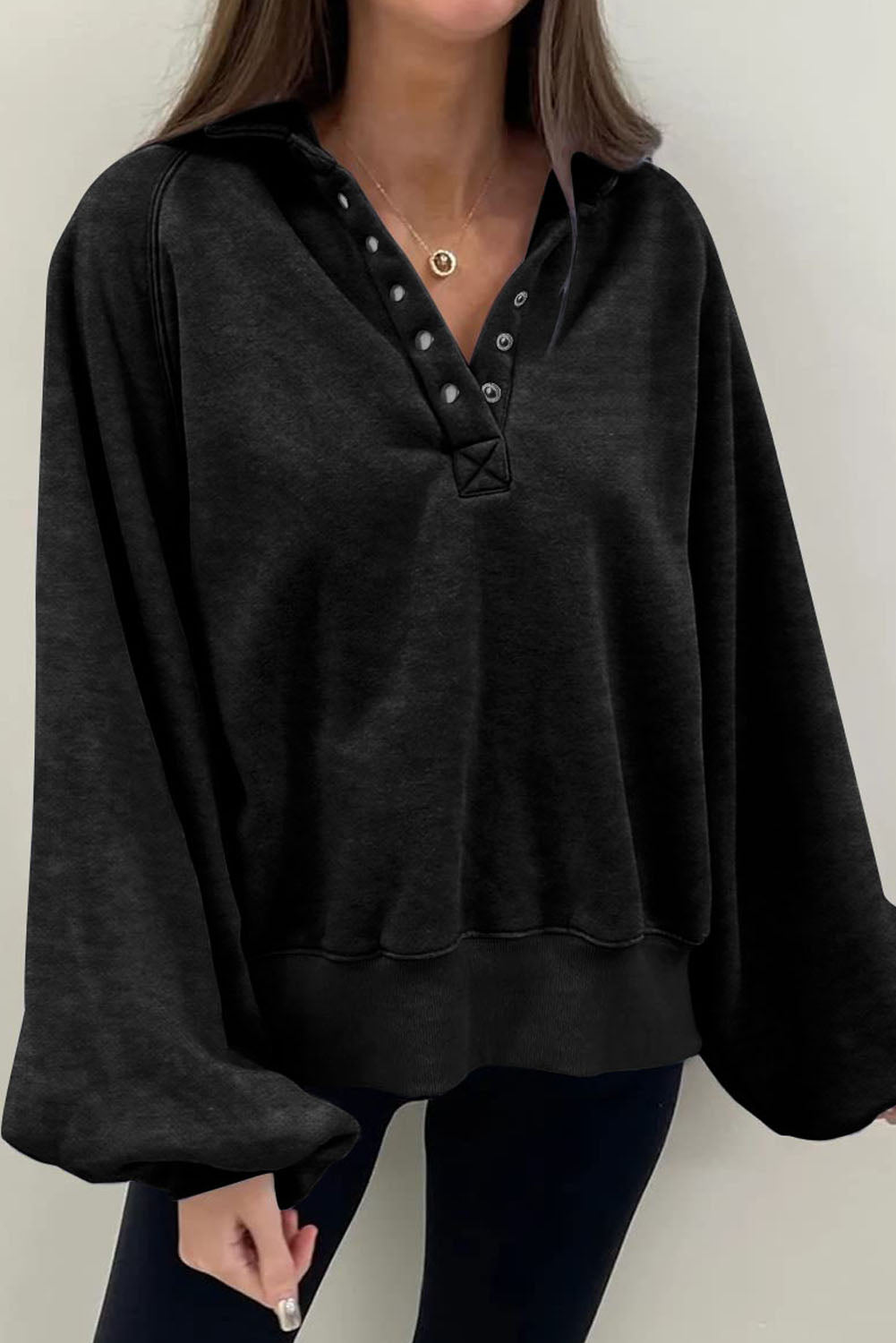 Black Solid Snap Buttons Collared Oversized Sweatshirt