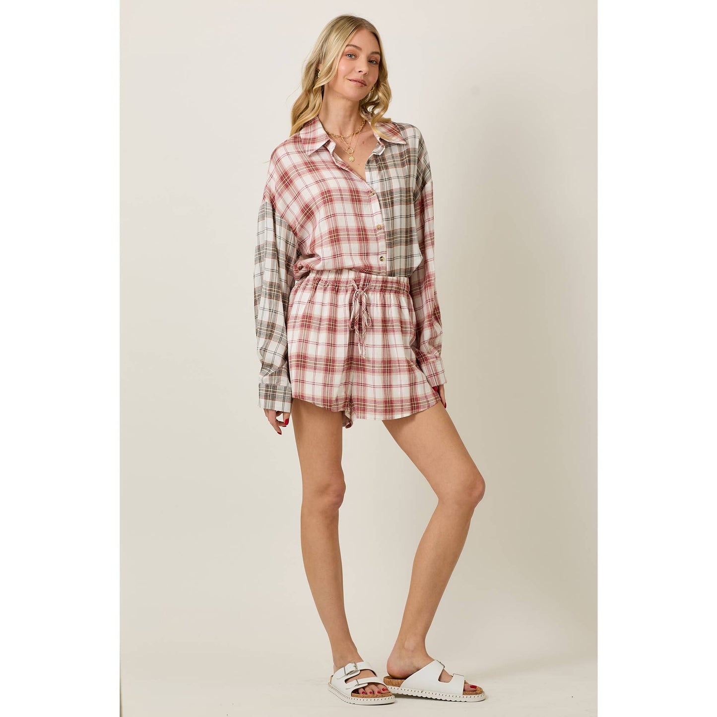 Rayon Plaid Long Sleeve Button Down And Shorts Set