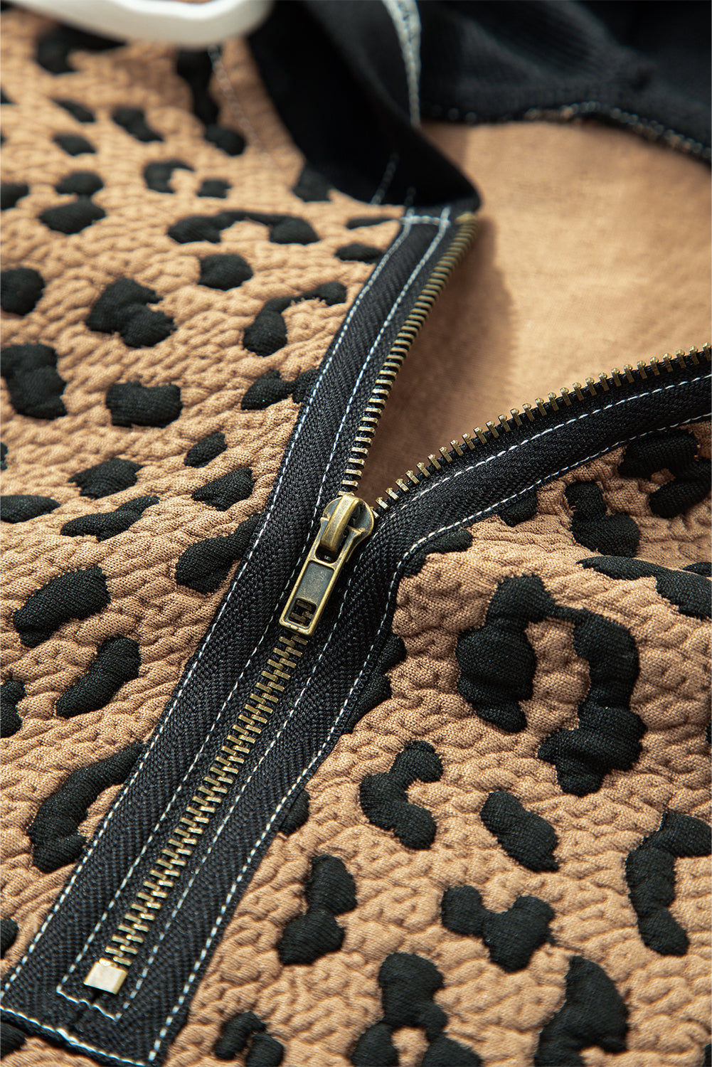 Brown Leopard Patchwork Knotted Cuff Zip Hoodie