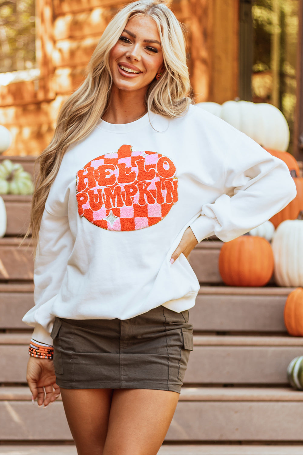 White Halloween Pumpkin Patched Sweatshirt