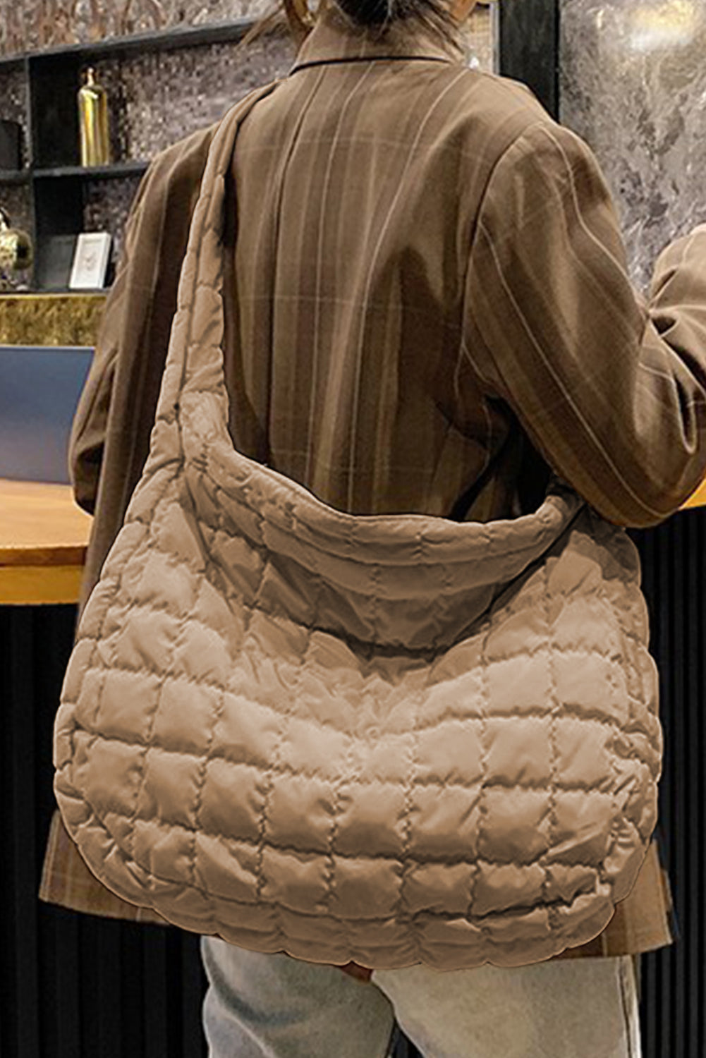 Light Beige Quilted Zipper Large Shoulder Bag